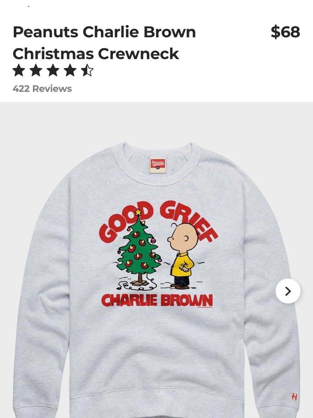 HOMAGE unisex Light Gray Peanuts Charlie Brown 'Good Grief' Crewneck